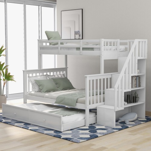 Stairway Twin-Over-Full Bunk Bed with Twin size Trundle, Storage and Guard Rail for Bedroom, Dorm, for Adult