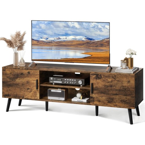 SUPERJARE TV Stand for 55 Inch TV, Entertainment Center with Adjustable Shelf, 2 Cabinets, TV Console Table, Media Console, Solid Wood Feet, Cord Holes, for Living Room, Bedroom, Rustic Brown