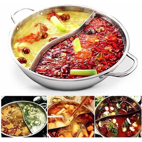 Hot Pot Twin Divided Stainless Steel 28cm Cookware Induction Little Sheep Hot Pot Ruled Compatible Soup Stock Pots Home Kitchen (Color : White)