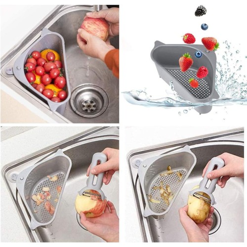 Sink Filter Tray Triangle Storage Shelf, KECRULV Kitchen Sink Drainer Multifunctional Suction Cup Hanging Rack Drain Shelf Storage Rack with Silicone Drain Strainer for Vegtable Fruit Gadget Sponge