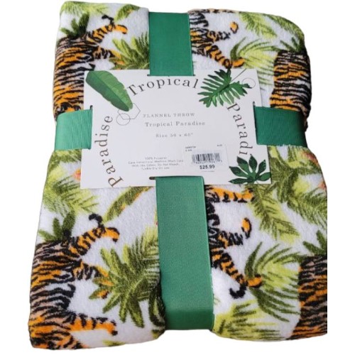 Tropical Paradise Flannel Throw Blanket. Palm & Tiger Print