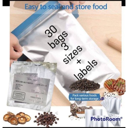 30 bags resealable 3 sizes durable aluminum food Storage with labels