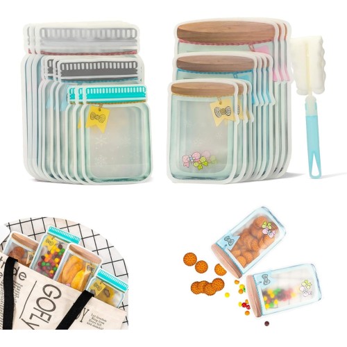 HLeoz 20pcs Mason Jar Ziplock Bags Storage for Food Snack Sandwich Reusable Airtight Seal Food Bag Leak Proof Food Saver Bag for Travel Camping and Kid Mason Jar Zipper Bag with a Cleaning Brush