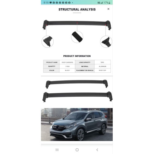 Rycom Roof Rail Cross Bar Compatible with Honda CRVAluminum bar, Plastic Foot Cargo Racks Rooftop Luggage Canoe Kayak Carrier Rack