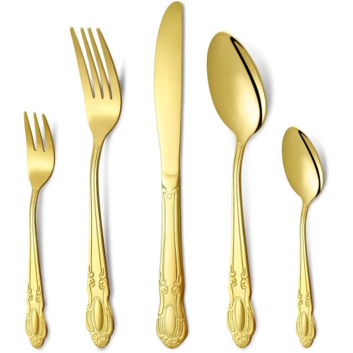 Coume 40 Pcs Gorgeous Gold Silverware Set 18/10 Stainless Steel Heavy Utensil Set Dishwasher Safe, Service for 8, Fine Silverware Flatware for Family Wedding Restaurant Hotel (Gold)