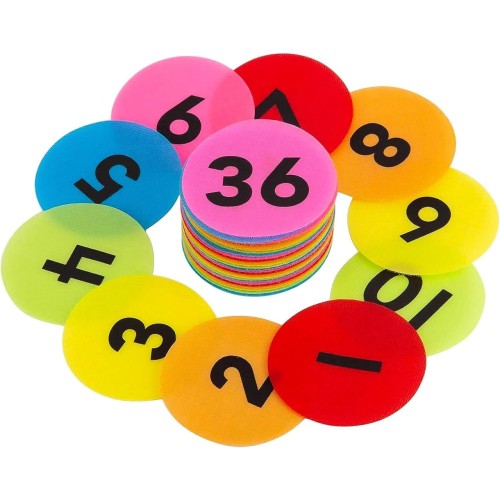 36 Pack Carpet Spot Markers Nylon Carpet Spot Sit Markers Circles Marker Dots with Numbers 1 to 36 for Kindergarten Preschool Kids and Teachers (6 Colors)