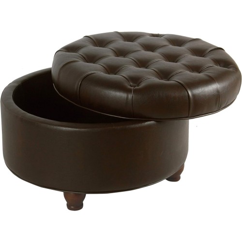 Homepop Home Decor | Large Button Tufted Faux Leather Round Storage Ottoman | Ottoman with Storage for Living Room & Bedroom (Distressed Brown)