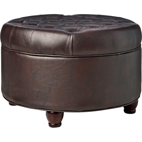 Homepop Home Decor | Large Button Tufted Faux Leather Round Storage Ottoman | Ottoman with Storage for Living Room & Bedroom (Distressed Brown)