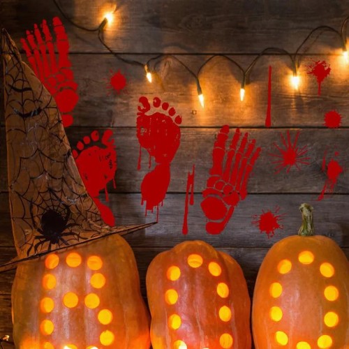 Halloween self-adhesive stickers background stand red blood traces bloody handprints stickers decorations 30*45cm