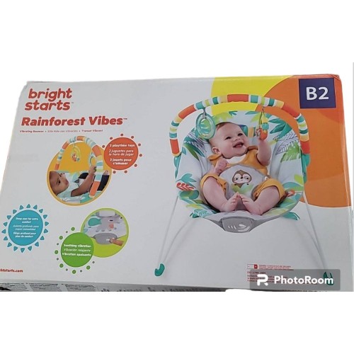 Bright Starts Baby Bouncer Soothing Vibrations Infant Seat - Removable -Toy Bar, Nonslip Feet, 0-6 Months Up to 20 lbs (Rainforest Vibes)