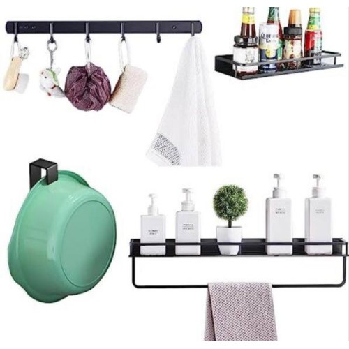 LEHUOJIA Shower storage for inside shower 5 pieces set, adhesive shower caddy with multiple types of individual hooks, wall shower organizer used in shower, kitchen, tool room and other scenes