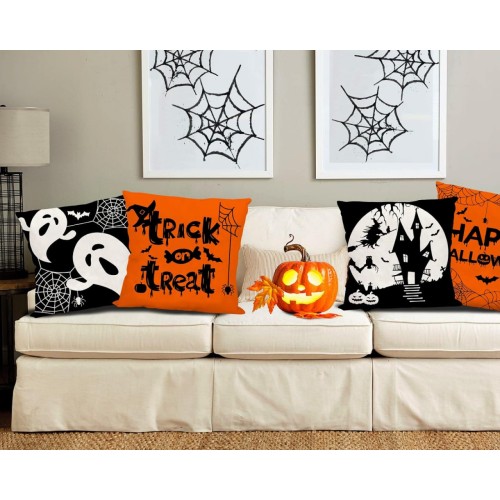 Halloween Pillow Covers 18x18 Inch Set of 4 for Halloween Holiday Decorations Black White Ghost Witch Orange Pumpkin Trick or Treat Throw Pillow Case Fall Farmhouse Cushion Covers for Sofa Bed Couch