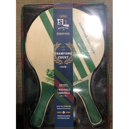 Champions Court Club Wooden Blue Paddle & Ball Set 2 Paddles 2 Balls Ship