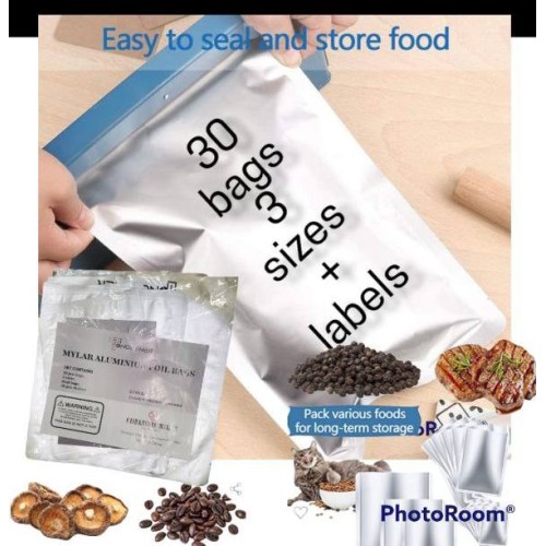 30 bags resealable 3 sizes durable aluminum food Storage with labels