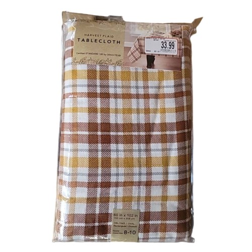 Harvest Plaid Tablecloth with Autumn Gold Green & Brown Shades 60"x102" Oblong