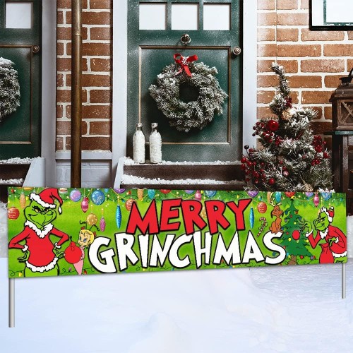  Grinch Christmas Decorations - Grinch Welcome Yard Sign Grinch Christmas Hanging Banner for Indoor Outdoor Front Door Living Room Kitchen Wall Party