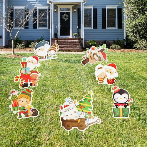 Huzisa 7 Pack Christmas Yard Sign with Stake Yard Signs, Outdoor Xmas Props Yard Stakes, Santa Snowman Silhouette Yard Sign, Water Resistant Large Christmas Decor for Patio Path Lawn