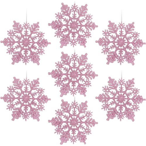 AMS 30ct 4''/100mm Plastic Glittered Snowflake Ornaments Sparkling Christmas Tree Decorations for Wedding,Thanksgiving,Party(Pink)