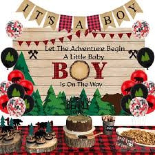 Lumberjack Buffalo Plaid Baby Shower Decoration, Jungle Adventure Phooto Background, It's a Boy Flag, Baby Shower Supplies