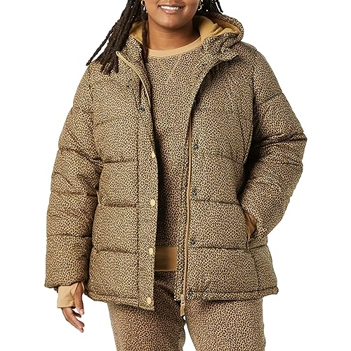  Amazon essentials womens plus size heavyweight long-sleeve hooded puffer coat camel cheetah 5x