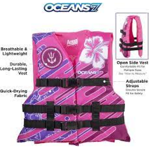 Oceans7 Improved US Coast Guard Approved, Youth Life Jacket, Flex-Form Chest, Open-Sided Design, Type III Vest, PFD, Personal Flotation Device, Pink/Berry