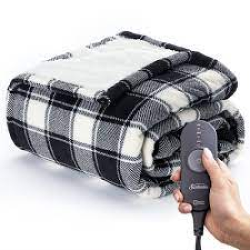 Sunbeam Heated Electric Throw Blanket, Cozy Sherpa, Black Buffalo Checker, 50 x 60