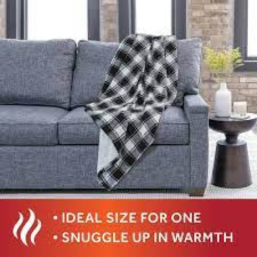 Sunbeam Heated Electric Throw Blanket, Cozy Sherpa, Black Buffalo Checker, 50 x 60