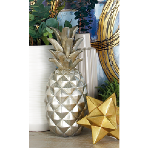 6 x 14 Silver Polystone Pineapple Fruit Sculpture, by DecMode