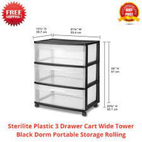 Sterilite 2930 Black Drawer Cart 3 Unit - Wide