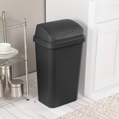 Sterilite 13 Gallon Trash Can, Plastic Swing Top Kitchen Trash Can, Black