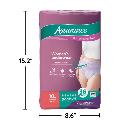 Assurance Womens Incontinence & Postpartum Underwear, XL , Maximum Absorbency (36 Count)