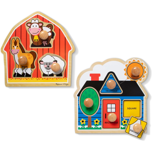 Melissa & Doug Jumbo Knob Wooden Puzzles Set - Shapes and Barn 