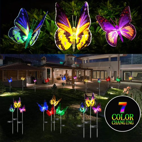 Outdoor Solar Garden Lights,3 Pack Solar Butterfly Decorative Lights, IP67 Waterproof Color Changing 