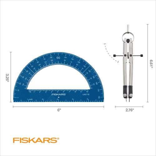 Fiskars 12-Inch Metal Compass with Protractor, School Math Supplies, Blue (1-Pack) 