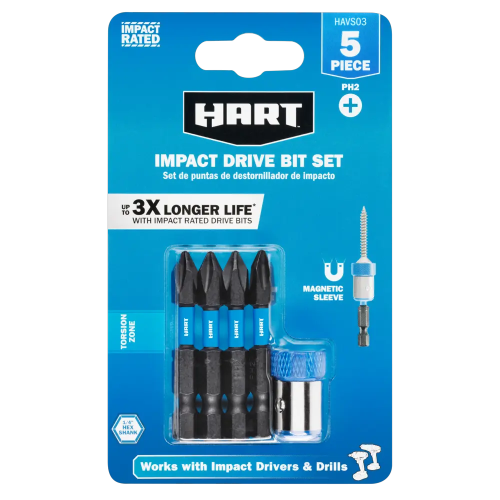 HART 5-Piece Impact Drive Bit Set (PH2) with Magnetic Sleeve 