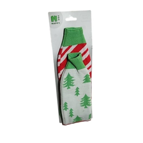 H for Happy Christmas Tree Candy Cane Sweater Wine Bottle Covers Set of 2, New