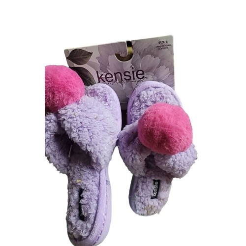 Kensie Memory Foam Slippers Flip Flop Thong 8 Women Purple Puff Ball NWT