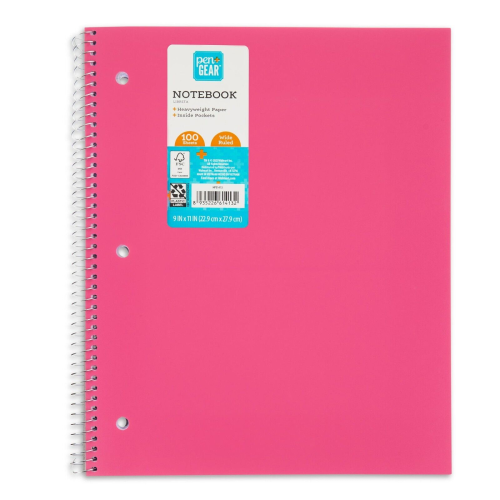 Pen+Gear Wide Rule 1-Subject Notebook, 10.5 x 8, Pink, 100 Sheets