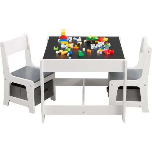 Kids Table and Chair Set, 3 in 1 Wooden Activity Table with Storage Drawer for Toddlers Drawing, Reading, Crafts, Play, 2 in 1 Detachable Tabletop Table and Chair Set for Home, Nursery, Playroom