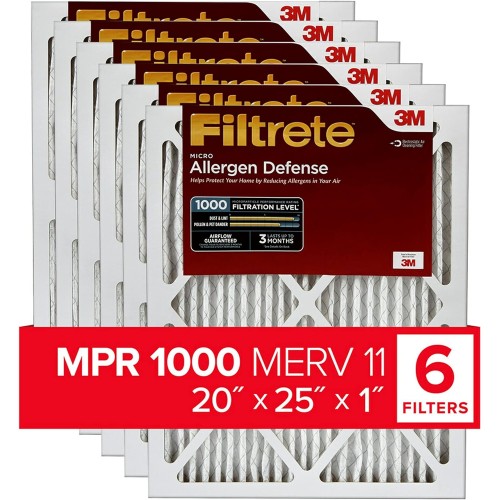 Filtrete 20x25x1 Air Filter MPR 1000 MERV 11, Allergen Defense, 6-Pack (exact dimensions 19.69x24.69x0.81)