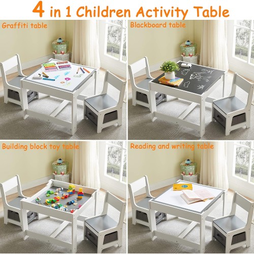 Kids Table and Chair Set, 3 in 1 Wooden Activity Table with Storage Drawer for Toddlers Drawing, Reading, Crafts, Play, 2 in 1 Detachable Tabletop Table and Chair Set for Home, Nursery, Playroom