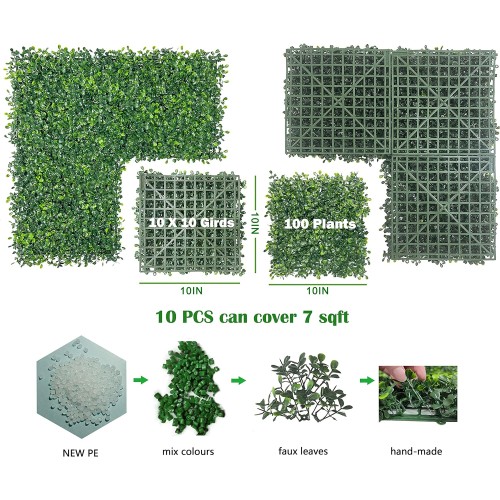 Bybeton Artificial Boxwood Grass Wall Panels - 10"x 10"(10Pcs) Faux Green Wall Panels for Interior Wall - Backdrop Wall - Garden Wall - Indoor Outdoor Wall Plants Decor