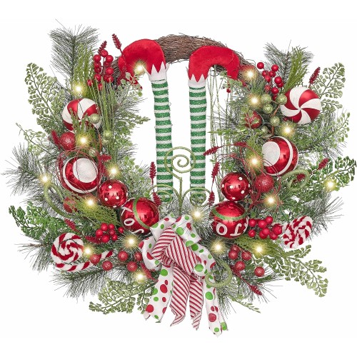 Valery Madelyn Pre-Lit 24 inch Delightful Elf Lighted Christmas Wreath for Front Door with Ball Ornaments, Battery Operated 20 LED Lights, Holiday Decoration for Fireplace Xmas Decor