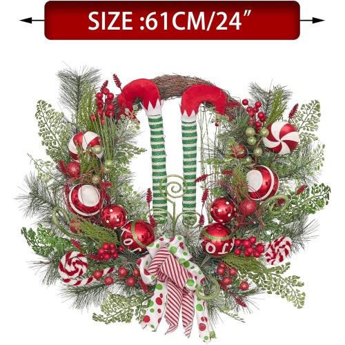 Valery Madelyn Pre-Lit 24 inch Delightful Elf Lighted Christmas Wreath for Front Door with Ball Ornaments, Battery Operated 20 LED Lights, Holiday Decoration for Fireplace Xmas Decor