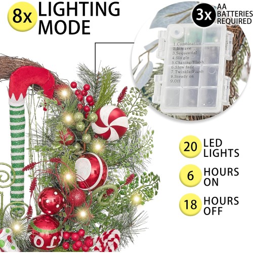 Valery Madelyn Pre-Lit 24 inch Delightful Elf Lighted Christmas Wreath for Front Door with Ball Ornaments, Battery Operated 20 LED Lights, Holiday Decoration for Fireplace Xmas Decor