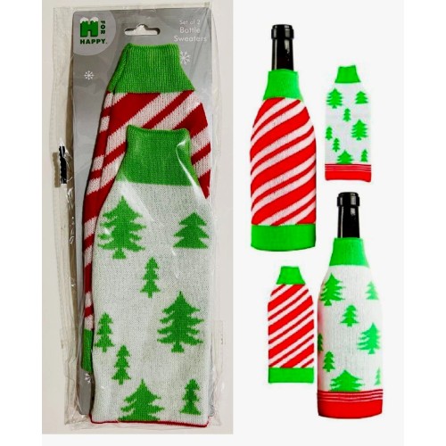 H for Happy Christmas Tree Candy Cane Sweater Wine Bottle Covers Set of 2, New