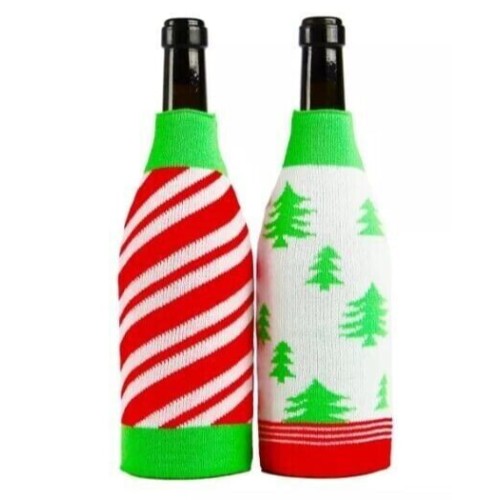 H for Happy Christmas Tree Candy Cane Sweater Wine Bottle Covers Set of 2, New