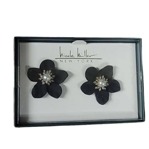  Nicole Miller New York Black Flower Stud Earrings Faux Pearl & Rhinestones NIB