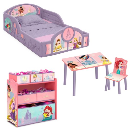 Disney Princess 4-Piece Room-in-a-Box Bedroom Set - Includes Toddler Bed, Toy Bin & Desk with Chair