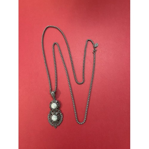  Club Monaco Long Silver Tone Necklace With Detachable Pendant / Stone, 34"